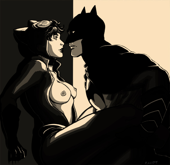 Полуобнаженная Catwoman и Бэтмен, супергерои из игры Batman: Arkham City.